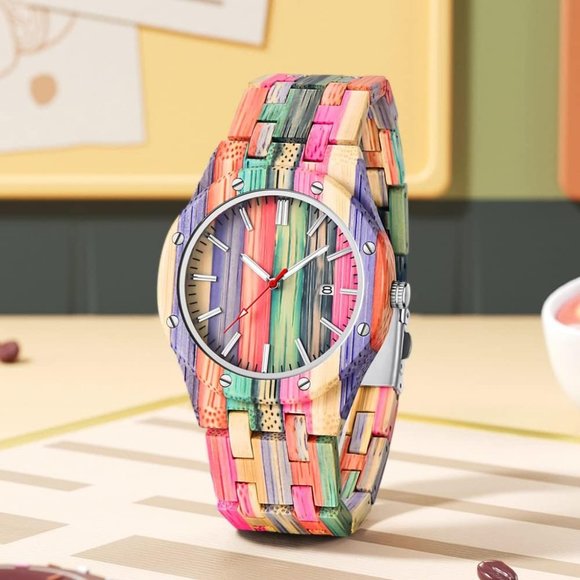 Men Handmade Colorful Bamboo Analog Quartz Wooden Watch - Picture 2 of 7
